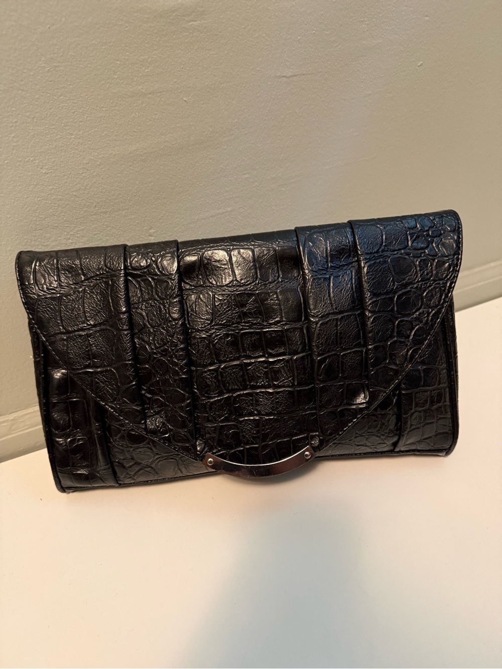 Steve Madden Black Croc-Embossed Faux Leather Clutch